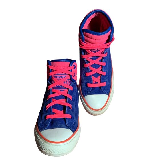 Converse Sneakers Juniors 5 Womens 7 Hot Pink Blue Spell Out High Top Shoes RARE - Picture 6 of 11